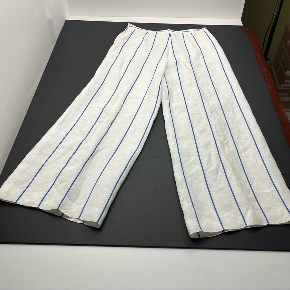 Lauren Ralph Lauren Linen Lined White Blue Striped Womens 8 Wide Leg Pant FLAWED - Picture 15 of 15